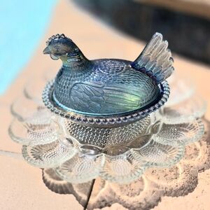 Vintage Indiana Glass Hen on Nest Bicentenial Blue with Vtg IG Clear Egg Platter